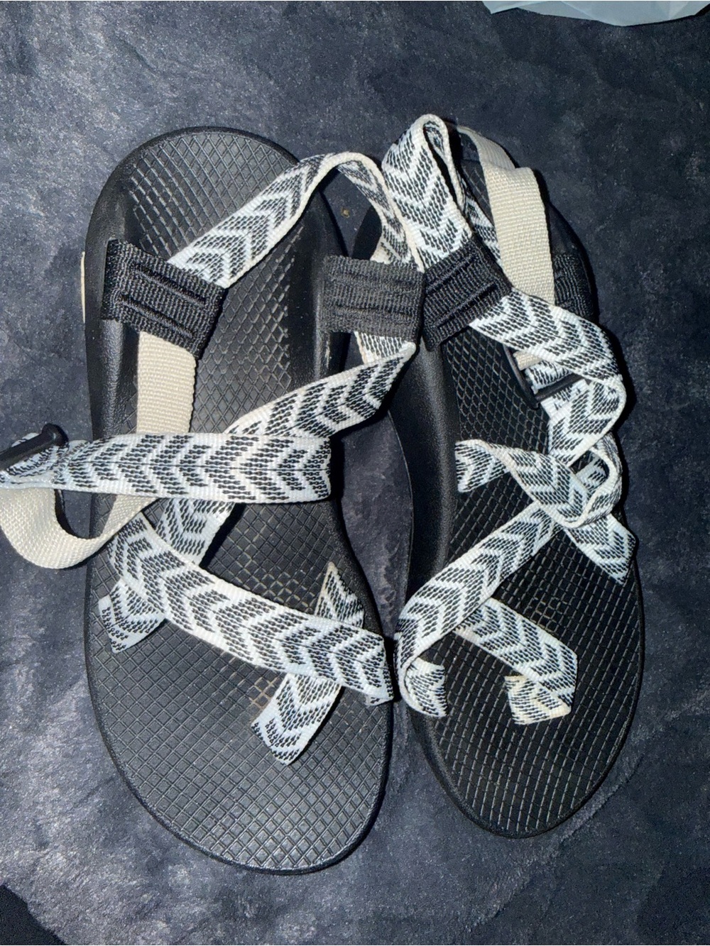 Chaco Black Sandals with White-Patterned Straps